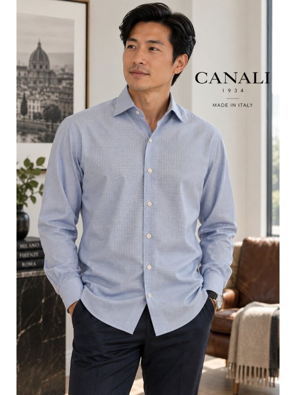 Canali 1934 Men’s 16.5 42 Blue Micro Check Cotton Dress Shirt Made Italy